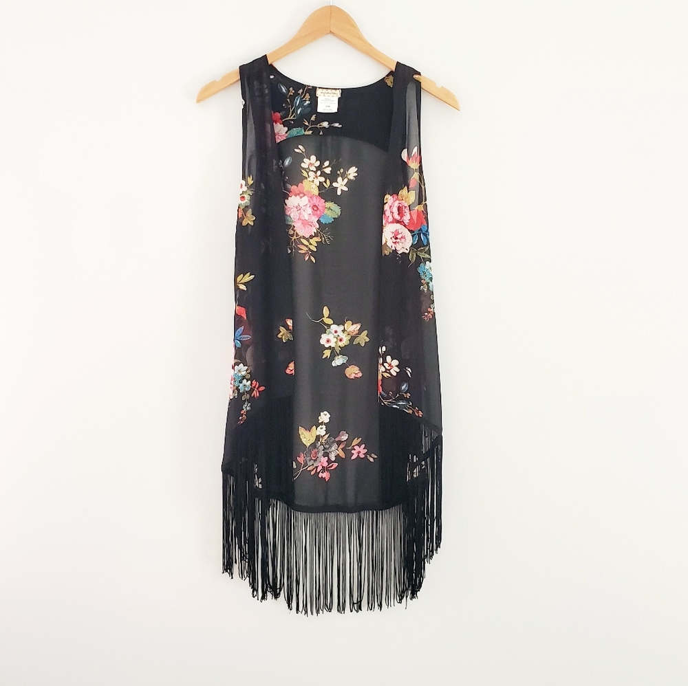 Eyeshadow black floral long sheer vest fringe
